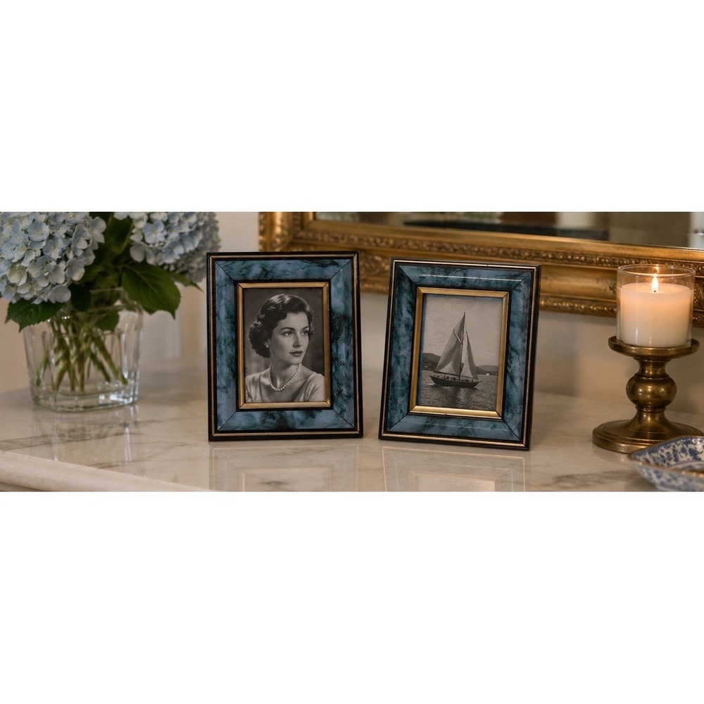Decorative Faux Marble‎ Desk Frames Blue & Gold Hollywood Regency Style Set Of 2